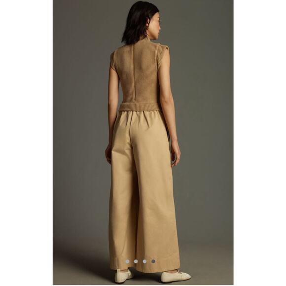 Anthropologie Du Paradis Twofer Jumpsuit Knit Mixed Media Wide Leg Tan Sz Small - Picture 3 of 14